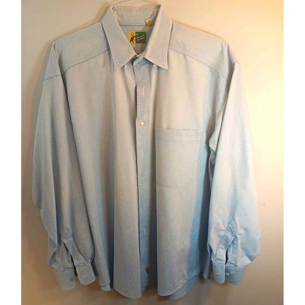 Vintage Johnny Cotton Mens Dress Shirt L Blue Solid Cotton Button-Down Pockets